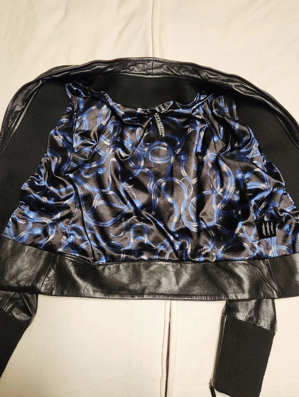 Afflication Leather Ribbed Knit Open Front Twist Puff Sleeve Moto Jacket Black M - Picture 8 of 10